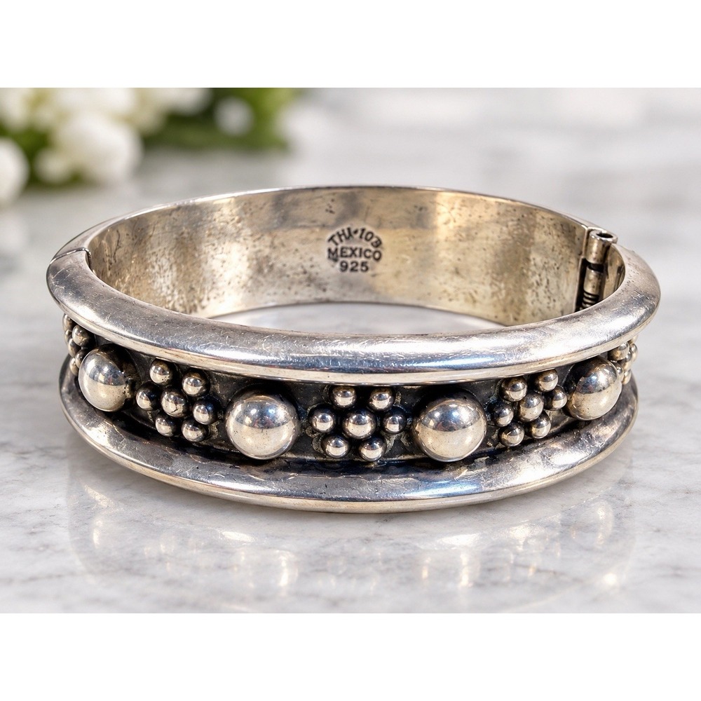 Vintage Taxco Mexico TH-103 925 Sterling Silver Hinged Bangle Bracelet 64g 7"